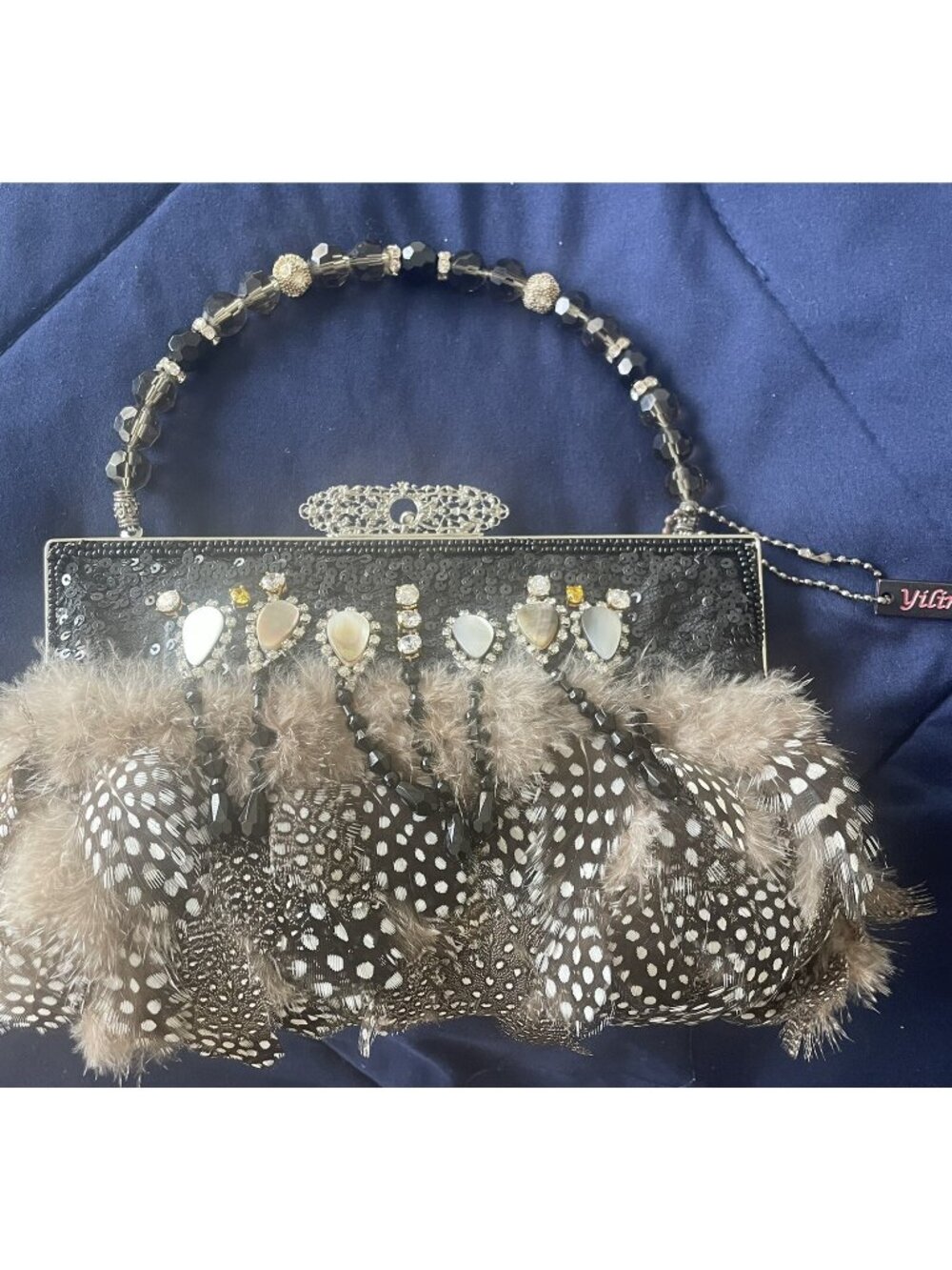 Swarovski Beaded - YILIN -Black Feather & Sequined Rectangular Evening Bag #9002